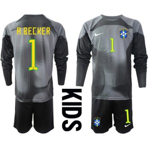 Brasilia Alisson Becker #1 Maalivahti Koti Pelipaita Lasten EM-Kisat 2020 Pitkät Hihat (+ Lyhyet housut)