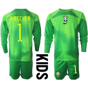 Brasilia Alisson Becker #1 Maalivahti Vieras Pelipaita Lasten EM-Kisat 2020 Pitkät Hihat (+ Lyhyet housut)